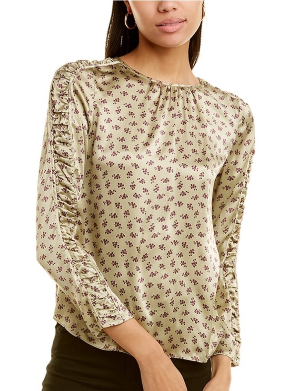 Rebecca Taylor Sage Floral Silk Top with Ruched Sleeves